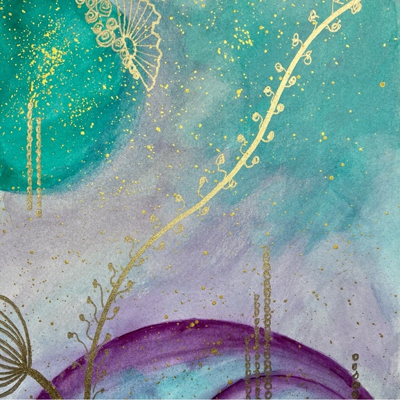 Abstract Original Watercolor Gold Leaf Floral Green & Purple Painting, 9x12 - Picture 7 of 12